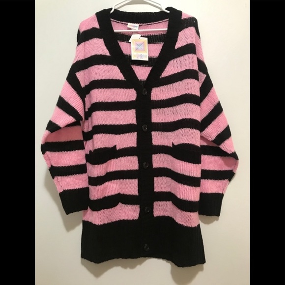 Lularoe Stripe Lucille Cardigan Button Pink/Black - Picture 10 of 13